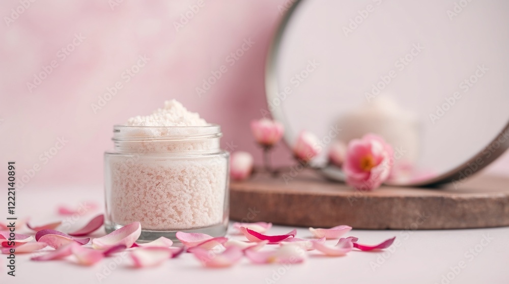 Exfoliating Sugar Scrub with Rose Petals and Spa Setting Exfoliating Sugar Scrub with Rose Petals and Spa Setting