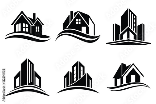 Real Estate icon set. Vector illustration. The collection contains icons: House, Real Estate Insurance, Real Estate Agent, House Key, Domestic Life, Real Estate Construction, Relocation, Home.