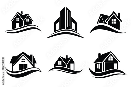 Real Estate icon set. Vector illustration. The collection contains icons: House, Real Estate Insurance, Real Estate Agent, House Key, Domestic Life, Real Estate Construction, Relocation, Home.