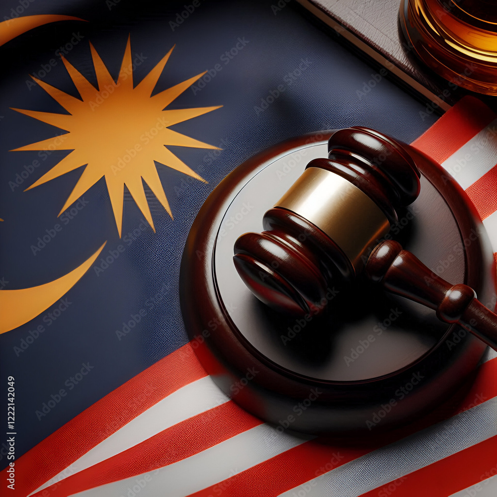 Fototapeta premium An impactful image featuring the Malaysia flag alongside a judges gavel, symbolizing justice, law, A strong representation of legal authority and regional.