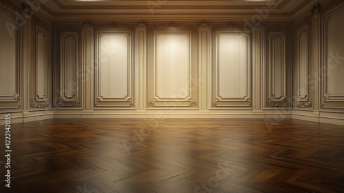 Fototapeta Naklejka Na Ścianę i Meble -  Empty room interior with wooden floor and black panels on wall in vintage victorian style. Vector realistic 3d illustration of house decoration with molding frames on wall