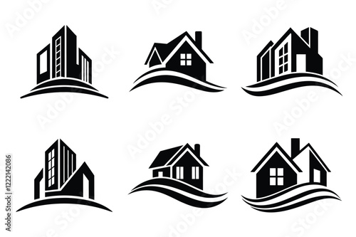 Real Estate icon set. Vector illustration. The collection contains icons: House, Real Estate Insurance, Real Estate Agent, House Key, Domestic Life, Real Estate Construction, Relocation, Home.