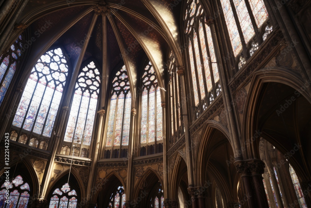 Intricate stone carvings in a gothic cathedral featuring stunning stained glass windows illuminating the interior during daylight hours Intricate stone carvings in a gothic cathedral featuring stunning stained glass windows illuminating the interior during daylight hours