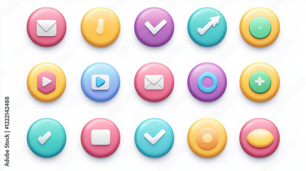 Web circle buttons with symbols of home, search, play, mail, arrows, sound, check and cross mark. Vector cartoon set of game ui elements, color glossy icons isolated on background Web circle buttons with symbols of home, search, play, mail, arrows, sound, check and cross mark. Vector cartoon set of game ui elements, color glossy icons isolated on background