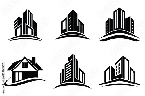 Real Estate icon set. Vector illustration. The collection contains icons: House, Real Estate Insurance, Real Estate Agent, House Key, Domestic Life, Real Estate Construction, Relocation, Home.
