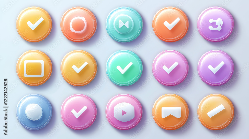 Web circle buttons with symbols of home, search, play, mail, arrows, sound, check and cross mark. Vector cartoon set of game ui elements, color glossy icons isolated on background Web circle buttons with symbols of home, search, play, mail, arrows, sound, check and cross mark. Vector cartoon set of game ui elements, color glossy icons isolated on background