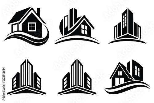 Real Estate icon set. Vector illustration. The collection contains icons: House, Real Estate Insurance, Real Estate Agent, House Key, Domestic Life, Real Estate Construction, Relocation, Home.