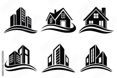 Real Estate icon set. Vector illustration. The collection contains icons: House, Real Estate Insurance, Real Estate Agent, House Key, Domestic Life, Real Estate Construction, Relocation, Home.