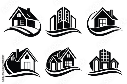 Real Estate icon set. Vector illustration. The collection contains icons: House, Real Estate Insurance, Real Estate Agent, House Key, Domestic Life, Real Estate Construction, Relocation, Home.