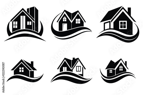 Real Estate icon set. Vector illustration. The collection contains icons: House, Real Estate Insurance, Real Estate Agent, House Key, Domestic Life, Real Estate Construction, Relocation, Home.