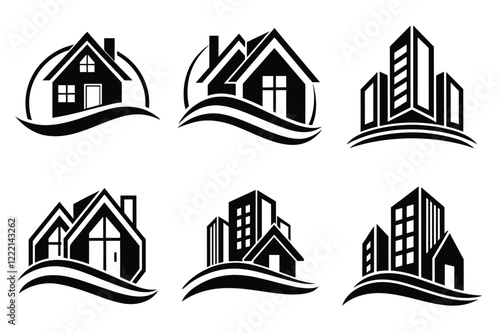 Real Estate icon set. Vector illustration. The collection contains icons: House, Real Estate Insurance, Real Estate Agent, House Key, Domestic Life, Real Estate Construction, Relocation, Home.
