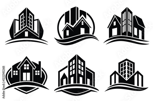 Real Estate icon set. Vector illustration. The collection contains icons: House, Real Estate Insurance, Real Estate Agent, House Key, Domestic Life, Real Estate Construction, Relocation, Home.