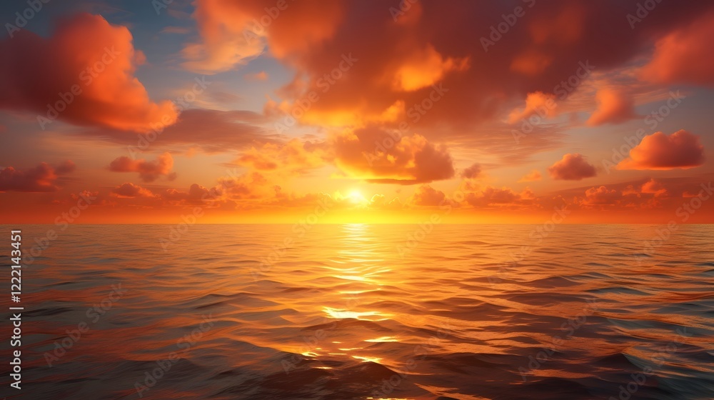 Obraz premium Breathtaking panoramic view of golden clouds during a stunning sunset over the serene ocean Vibrant warm colors create a captivating and dreamlike atmosphere