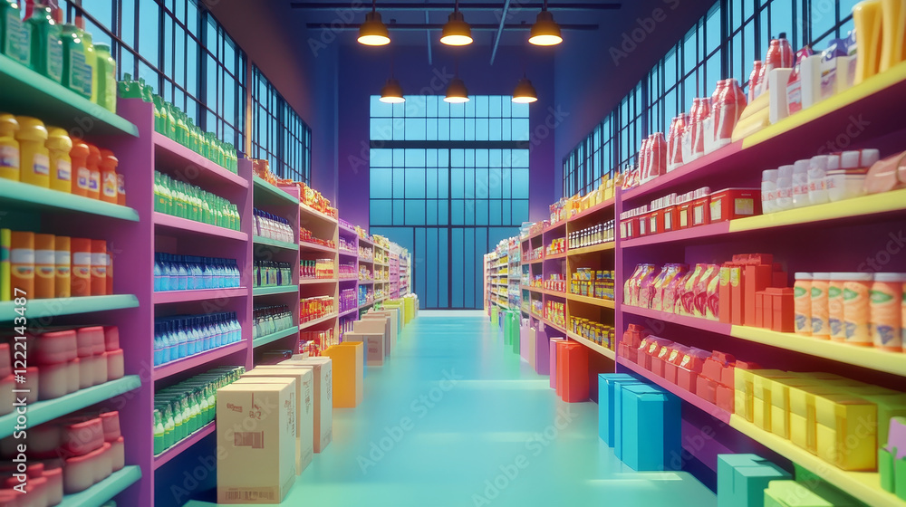 Cartoon supermarket aisle with large window. Vector illustration of shelves full of colorful cardboard boxes and food packages, bottles with beverages, lamps on ceiling. Grocery store department Cartoon supermarket aisle with large window. Vector illustration of shelves full of colorful cardboard boxes and food packages, bottles with beverages, lamps on ceiling. Grocery store department