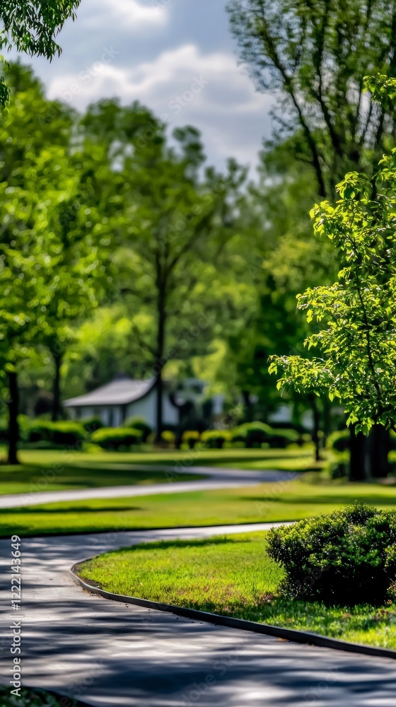 Fototapeta premium Serene Park Path Winding Walkway Lush Greenery Trees Nature Landscape Green Grass S