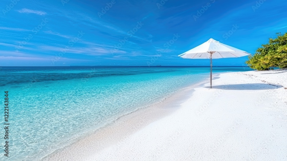Tropical beach paradise white sand, turquoise water, umbrella shade, clear sky. Ideal for travel brochures Tropical beach paradise white sand, turquoise water, umbrella shade, clear sky. Ideal for travel brochures