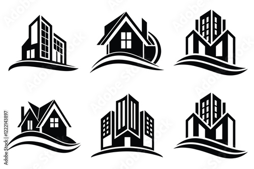 Real Estate icon set. Vector illustration. The collection contains icons: House, Real Estate Insurance, Real Estate Agent, House Key, Domestic Life, Real Estate Construction, Relocation, Home.