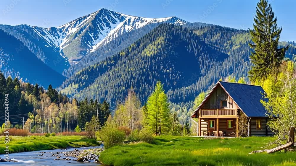 Mountain cabin by river. Perfect idyllic escape. Mountain cabin by river. Perfect idyllic escape.