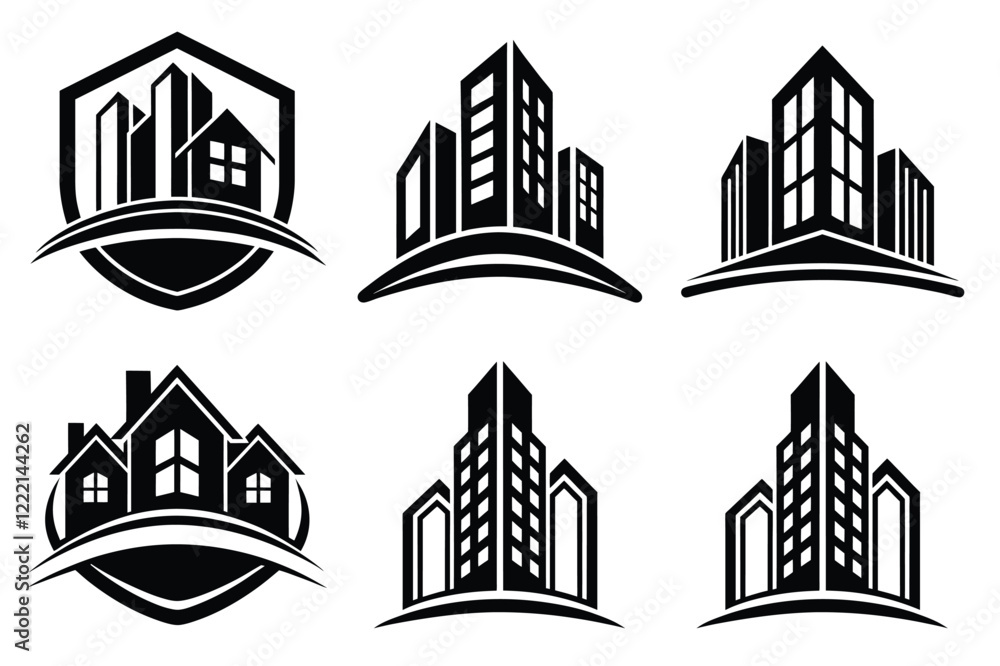 Fototapeta premium Real Estate icon set. Vector illustration. The collection contains icons: House, Real Estate Insurance, Real Estate Agent, House Key, Domestic Life, Real Estate Construction, Relocation, Home.