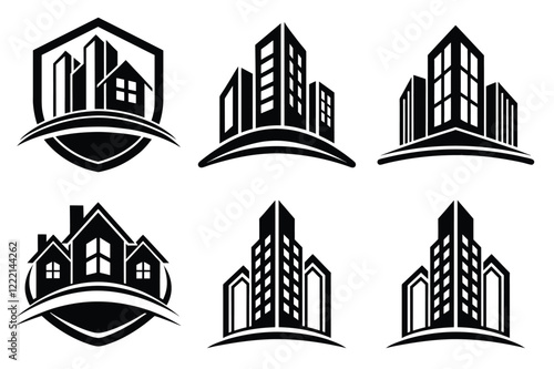Real Estate icon set. Vector illustration. The collection contains icons: House, Real Estate Insurance, Real Estate Agent, House Key, Domestic Life, Real Estate Construction, Relocation, Home.