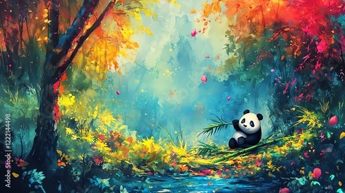 A whimsical scene featuring a playful panda surrounded by vibrant foliage and colorful flowers in a serene forest setting, capturing the joy and beauty of nature. photo