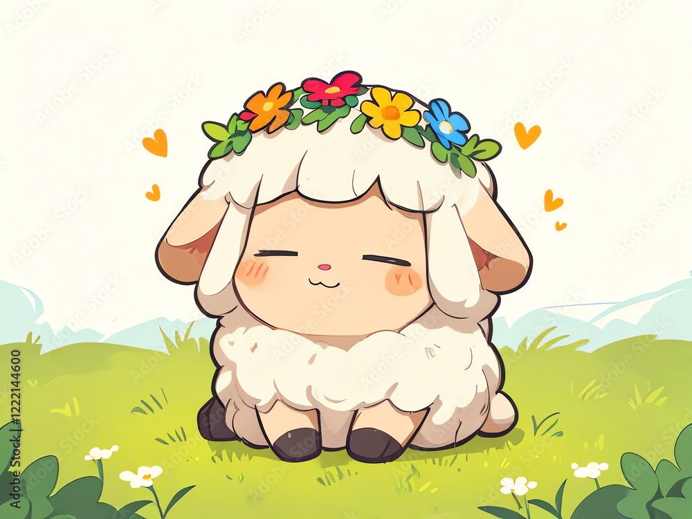 Obraz premium Adorable Lamb in Flower Crown: A Whimsical Springtime Illustration