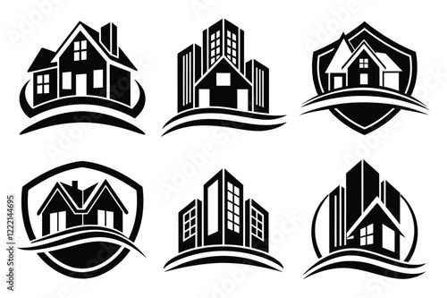 Real Estate icon set. Vector illustration. The collection contains icons: House, Real Estate Insurance, Real Estate Agent, House Key, Domestic Life, Real Estate Construction, Relocation, Home.