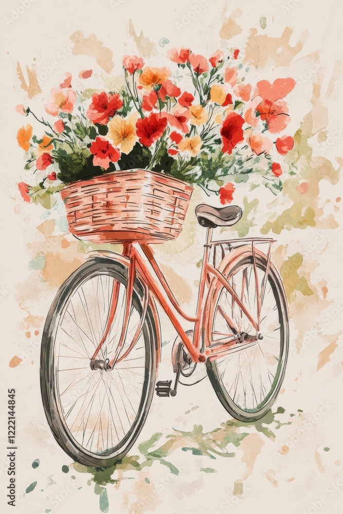 Fototapeta premium Vintage Bicycle with Flower Basket in Watercolor Style