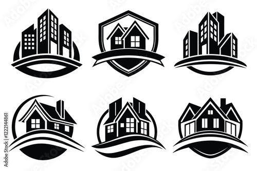 Real Estate icon set. Vector illustration. The collection contains icons: House, Real Estate Insurance, Real Estate Agent, House Key, Domestic Life, Real Estate Construction, Relocation, Home.