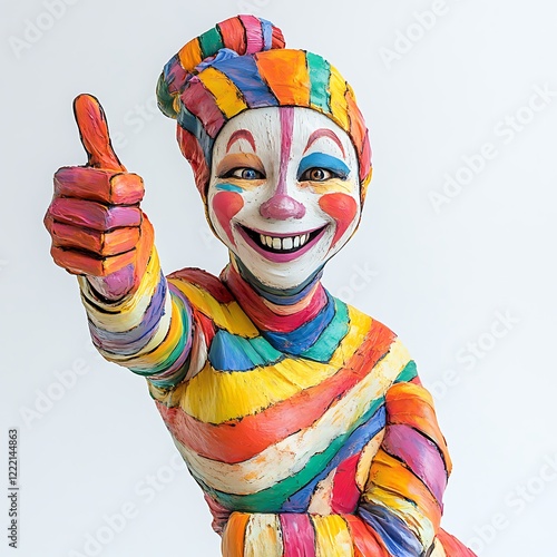 Rainbow Clown Thumbs Up: A cheerful and vibrant clown statue, painted in bright rainbow stripes, gives a cheerful thumbs-up. The expressive face and playful pose evoke a sense of fun and positivity.  photo