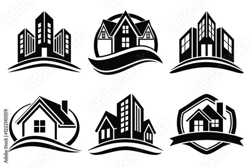 Real Estate icon set. Vector illustration. The collection contains icons: House, Real Estate Insurance, Real Estate Agent, House Key, Domestic Life, Real Estate Construction, Relocation, Home.