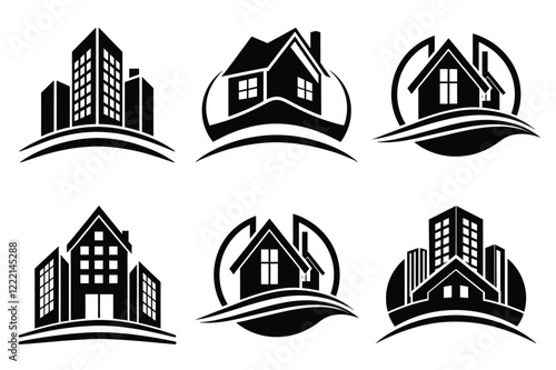 Real Estate icon set. Vector illustration. The collection contains icons: House, Real Estate Insurance, Real Estate Agent, House Key, Domestic Life, Real Estate Construction, Relocation, Home.
