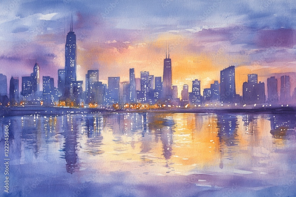 Fototapeta premium Serene Sunset Reflection Over Vibrant City Skyline in Watercolor Style