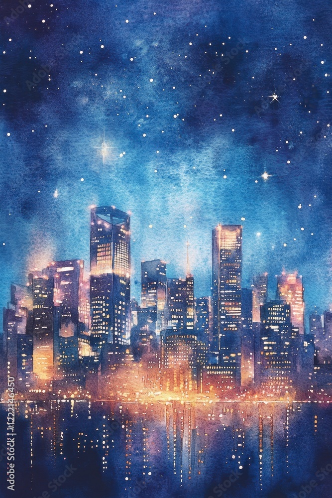 Obraz premium Vibrant Nighttime Cityscape Under Starry Sky in Watercolor Style