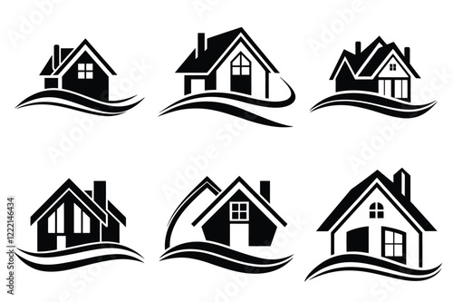 Real Estate icon set. Vector illustration. The collection contains icons: House, Real Estate Insurance, Real Estate Agent, House Key, Domestic Life, Real Estate Construction, Relocation, Home.