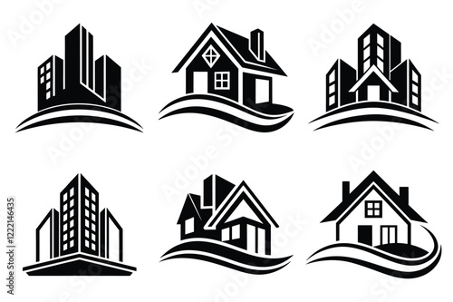 Real Estate icon set. Vector illustration. The collection contains icons: House, Real Estate Insurance, Real Estate Agent, House Key, Domestic Life, Real Estate Construction, Relocation, Home.