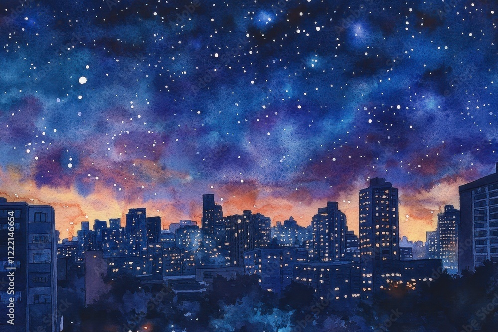 Fototapeta premium Nighttime Cityscape with Stars and Colorful Sky at Dusk