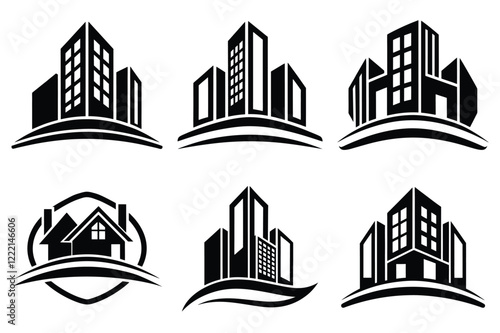 Real Estate icon set. Vector illustration. The collection contains icons: House, Real Estate Insurance, Real Estate Agent, House Key, Domestic Life, Real Estate Construction, Relocation, Home.