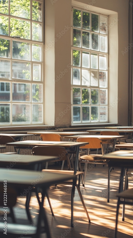 Empty Classroom Interior with Desks and Chairs, Sunlight through Windows, Education Concept, Learning Space, Back to School, Quiet Study Environment, Nostalgic Classroom Setting, Generative AI Empty Classroom Interior with Desks and Chairs, Sunlight through Windows, Education Concept, Learning Space, Back to School, Quiet Study Environment, Nostalgic Classroom Setting, Generative AI