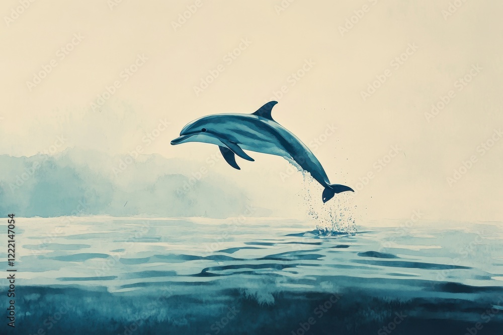 Fototapeta premium Majestic Dolphin Leaps Gracefully Above Tranquil Ocean Waters