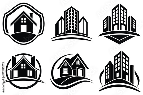 Real Estate icon set. Vector illustration. The collection contains icons: House, Real Estate Insurance, Real Estate Agent, House Key, Domestic Life, Real Estate Construction, Relocation, Home.