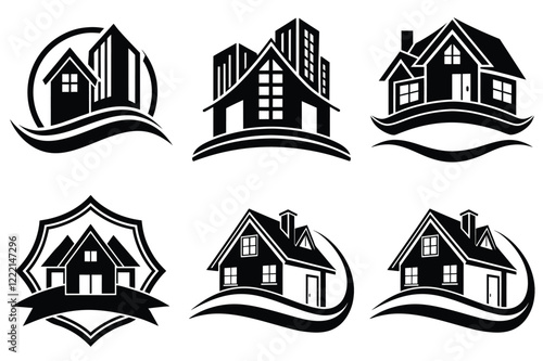 Real Estate icon set. Vector illustration. The collection contains icons: House, Real Estate Insurance, Real Estate Agent, House Key, Domestic Life, Real Estate Construction, Relocation, Home.