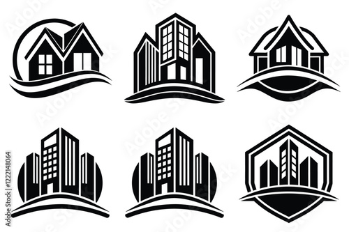Real Estate icon set. Vector illustration. The collection contains icons: House, Real Estate Insurance, Real Estate Agent, House Key, Domestic Life, Real Estate Construction, Relocation, Home.