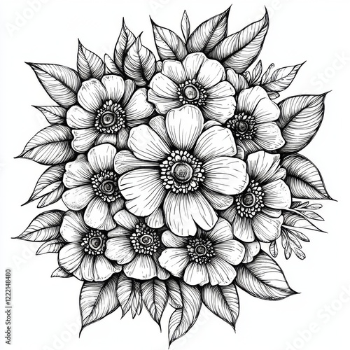 Wallpaper Mural Hand-Drawn Floral Bouquet with Detailed Petals and Leaves for Elegant and Artistic Design Projects Torontodigital.ca