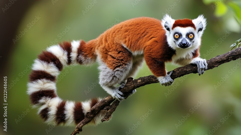 Fototapeta premium Jumping lemurs: Coquerel's sifaka, Propithecus coquereli, Lemur in the Air against Rain Forest canopy, monkey Endemic to Madagascar, red and white colored fur and long tail. Madagascar.
