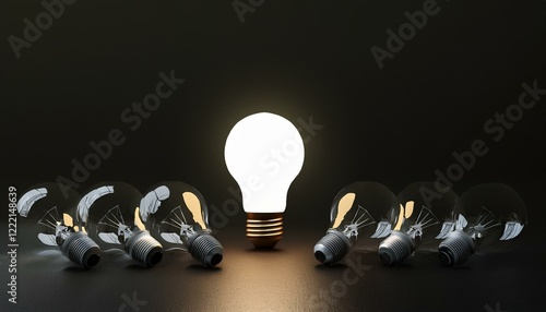 Generated image AI One of Lightbulb glowing among shutdown light bulb in dark area with copy space for creative thinking , problem solving solution and outstanding concept by 3d rendering technique photo