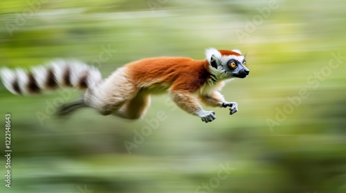 Jumping lemurs: Coquerel's sifaka, Propithecus coquereli, Lemur in the Air against Rain Forest canopy, monkey Endemic to Madagascar, red and white colored fur and long tail. Madagascar. photo