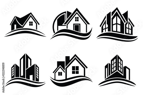 Real Estate icon set. Vector illustration. The collection contains icons: House, Real Estate Insurance, Real Estate Agent, House Key, Domestic Life, Real Estate Construction, Relocation, Home.