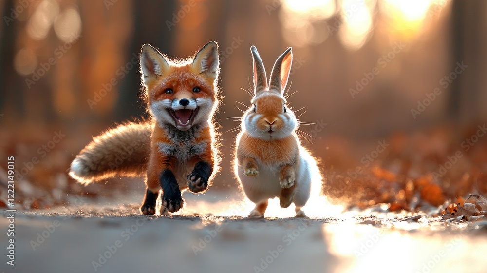 Fox and rabbit running in autumn forest, sunlight. Perfect for children's books Fox and rabbit running in autumn forest, sunlight. Perfect for children's books