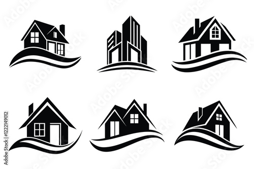 Real Estate icon set. Vector illustration. The collection contains icons: House, Real Estate Insurance, Real Estate Agent, House Key, Domestic Life, Real Estate Construction, Relocation, Home.